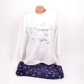 Image 1 of Пухкава дамска пижама в бяло и тъмносиньо със звезди и надпис
