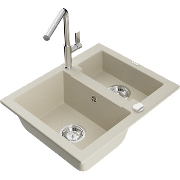 Mexen Carlos гранитна мивка с 1, 5 камери с кухненски смесител Flora, бежова (6518-69-670401-00)