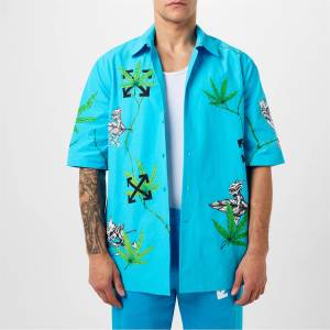 OFF WHITE Риза с къс ръкав OFF WHITE Men's Oversized Fit Cotton Short Sleeve Point Collar Shirt - Blue 4355