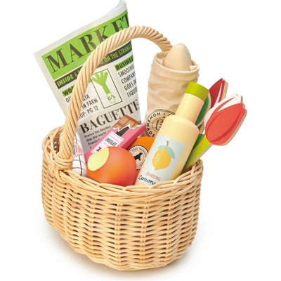 Leaf Toys Wicker Shopping Basket Tender drevený košík s tulipánmi s čokoládou limonádou syrom a inými potravinami