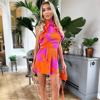 Image 1 of AX Paris Гащеризон AX Paris Pink and Orange Floral Cut Out Waist Playsuit - Pink/Orange