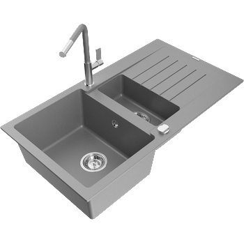 Mexen Matias гранитна мивка с 1, 5 камери с отцедник и кухненски смесител Flora, (6502-71-670401-06)