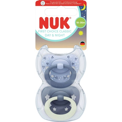 Nuk Силиконови залъгалки NUK First Choice - Day & Night, 18м+, за момче, сини, 2 броя (10177263)