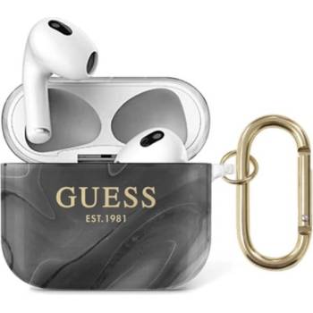 GUESS Защитен калъф Guess AirPods 3 Shiny Marble Silicone Case, за Apple Airpods 3, силиконов с карабинер, черен (GUA3UNMK)