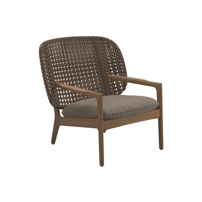 Gloster Nízké křeslo s nižší zádovou opěrkou Kay, 85,5x84,5x83,5 cm, rám teak, výplet umělý ratan Copper, sedák venkovní tkanina kategorie C