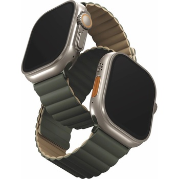Uniq Двулицева магнитна силиконова каишка за Apple Watch 42мм, 44мм, 45мм, 46мм, Ultra, Ultra 2, Ultra 3 49мм - Uniq Revix Silicone Magnetic Strap (тъмнозелен-бежoв) (UNIQ-45MM-REVMGRNTAN)