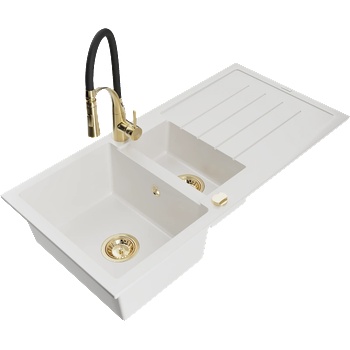 Mexen Andres гранитна мивка 1, 5-камерна с отцедник и кухненски смесител Aster, бял - 6515-20-73450-57-G (6515-20-73450-57-G)