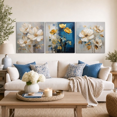 Set 3 obrazov Zlatá kvetinová poézia — Potešenie pre zmysly, Zlaté kvety, Symfónia elegancie - 3× 70×70 cm