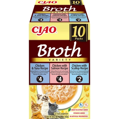 INABA Ciao Broth doplnkové krmivo pre mačky s príchuťou kuracieho mäsa a lososa, kuracieho mäsa a tuniaka, kuracieho mäsa a mušlí 12x40 g
