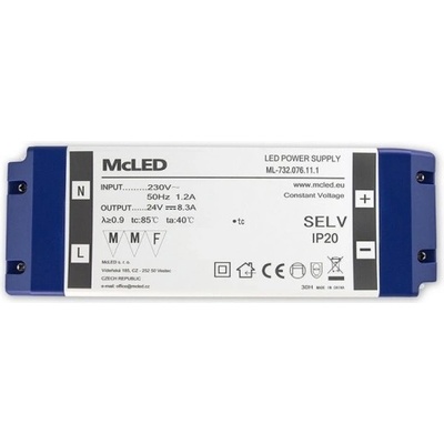 Nábytkový LED napájecí zdroj McLED 24VDC 200W 8,3A ML-732.076.11.1