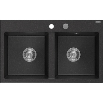 Mexen Hektor кухненска мивка от гранит, 2-компонентна 800 x 480 mm, черен/сребърен металик, хром сифон - 6521802000-73 (6521802000-73)