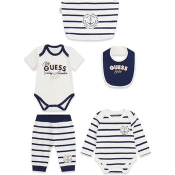 Guess Комплект две бодита, панталон, лигавник и несесер в бяло и тъмносиньо за новородено момче Guess
