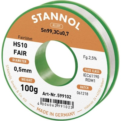Stannol HS10-Fair pájecí cín cívka Sn99,3Cu0,7 ROM1 100 g 0.5 mm