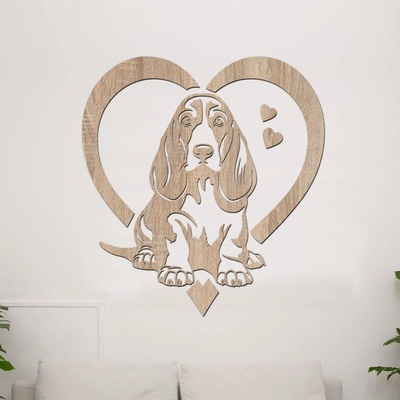dřevo života Dřevěná samolepka Basset Hound v srdci Rozměry (cm): 75x80, Zvolte barvu dekoru: Dub Sonoma