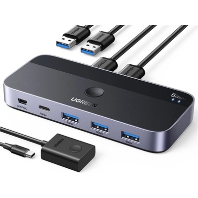 UGREEN KMP Switch USB 3.0, 4 порта, 2x4, 2 USB-A входа 4 USB изхода, 5Gbps, с десктоп контролер, сив 15705 (15705)