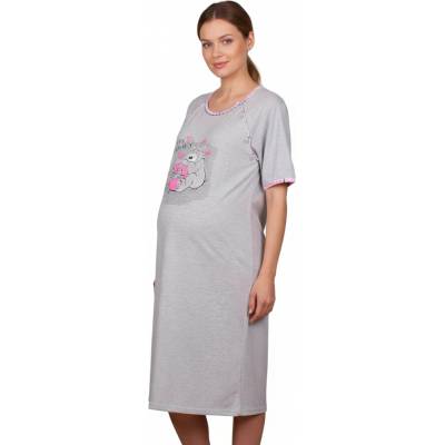 Сива макси нощница за кърмачки с мече и розов кант