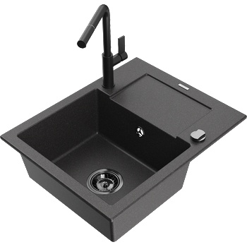 Mexen Enzo гранитна кухненска мивка с 1 корито с отцедник и кухненски смесител Flora, черен с пръски - 6506-76-670401-70-B (6506-76-670401-70-B)