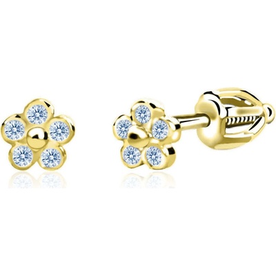 Duppi detské náušnice nezábudky DU 70549 zo žltého zlata s kamienkami svetlo modrými zapínanie balónik