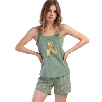 Image 1 of Дамска лятна пижама в зелено с жирафи