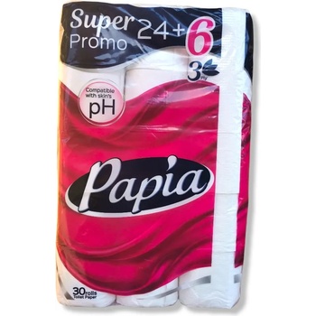 Papia тоалетна хартия, Бяла, Без аромат, 3 пласта, 24+6 броя