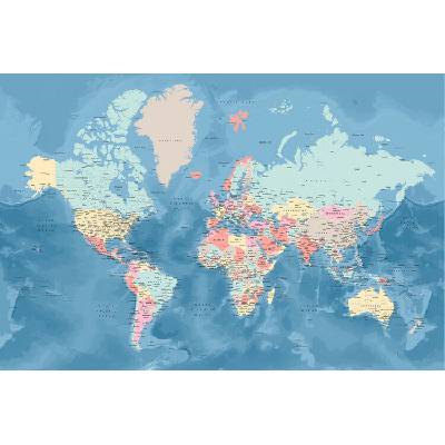 Plagát, Obraz - Light blue and pastels detailed world map, Blursbyai, 40 × 26.7 cm