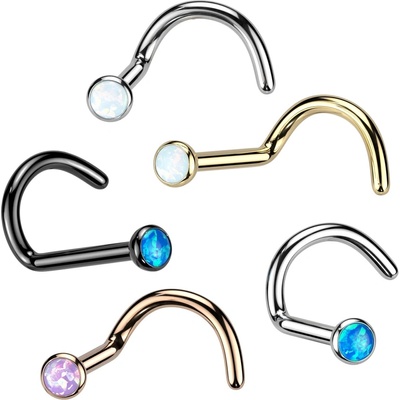 Šperky eshop Zahnutý titanový piercing do nosu barevný syntetický opál W48.07 Měděná fialová