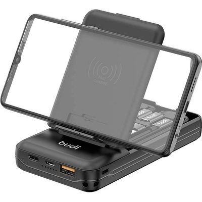 budi Wireless Charging Power Bank 10000 mAh 20W - преносима външна батерия с USB-A и USB-C изходи, Qi безжично зареждане и комплект кабели (черен)