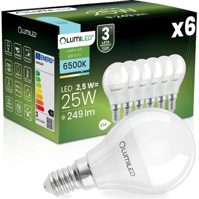 Lumiled 6x LED žiarovka E14 P40 2,5W = 25W 249lm 6500K Studená biela 180°