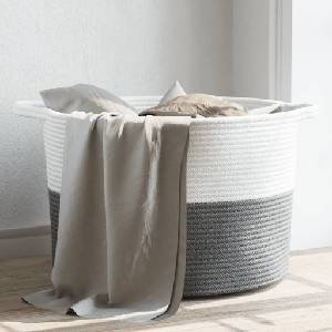 vidaXL Кош за пране сиво и бяло Ø55x36 см памук (358469)