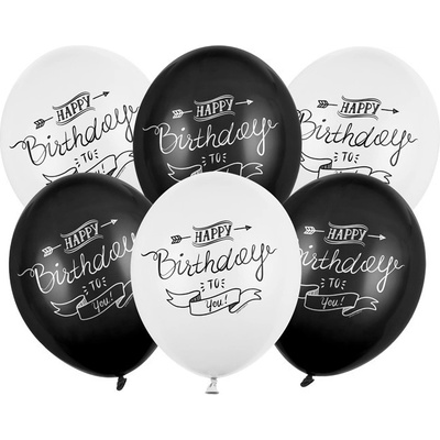 Party Deco SB14P 258 000 6 Set balónov Happy Birthday 30cm čierno biele
