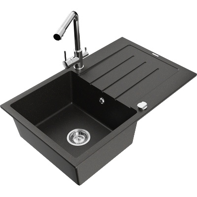 Mexen Bruno гранитна мивка с едно корито с отцедник и кухненски смесител Duero, черен/златист металик - 6513-75-671600-00 (6513-75-671600-00)