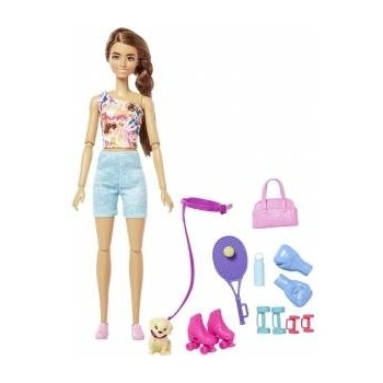 Mattel Кукла Барби с кученце, фитнес екип, боксови ръкавици, ролери и аксесоари за тенис 3 години+