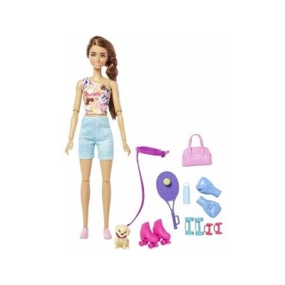 Mattel Кукла Барби с кученце, фитнес екип, боксови ръкавици, ролери и аксесоари за тенис 3 години+