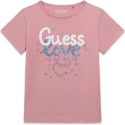 GUESS Тениска в тъмно розов цвят за мини момиче Guess Love с глитери