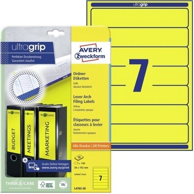 Avery Zweckform Etikety na krátké úzké pořadače 20 listů A4 žluté 38 x 192 mm L4765-20