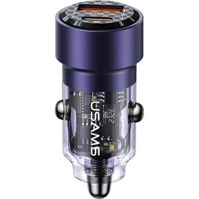 Зарядно за кола с USB-A и USB-C изходи с технология за бързо зареждане - Usams C39 Dual Quick Car Charger 60W (лилав-прозрачен) (US-CC208 (USA1026))