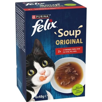 Purina Felix Soup Original Селекция от фермата - допълваща храна за котки с пилешко, говеждо и агнешко месо 6 х 48gr