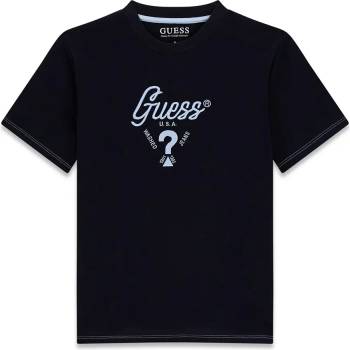 GUESS Тъмно синя тениска за момче с бродиран син надпис Guess