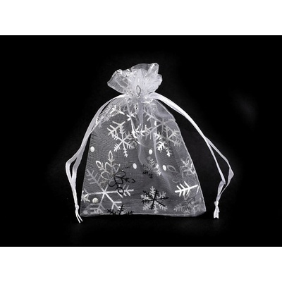 Vánoční dárkový pytlík vločky 9x12 cm organza - bílá stříbrná (10 ks)