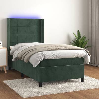 vidaXL 3139532 Boxspring postel s matrací a LED samet / barva Tmavě zelená