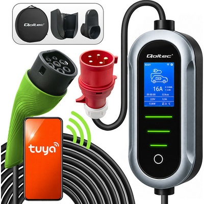 Qoltec EV nabíjačka pre elektromobily s reguláciou 2 v 1 Typ 2 11kW 400V Wi-Fi TUYA SMART LIFE LCD Prenosná Wallbox 5m
