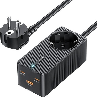 GaN Power Adapter Socket 67W - захранване за ел. мрежа за лаптопи, смартфони и таблети с AC, 1xUSB-A и 2xUSB-C изходи с технология за бързо зареждане (черен)