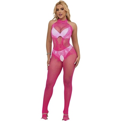 Subblime - 952389 fishnet and lace crotchless bodystocking with high neck pink