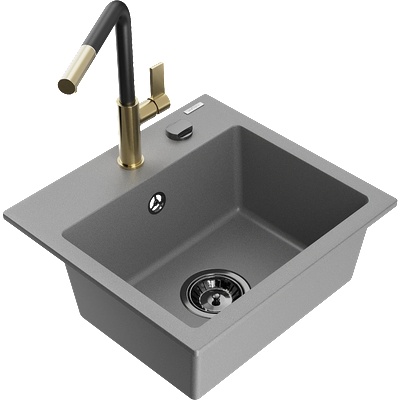 Mexen Milo кухненска мивка от гранит с 1 отделение с кухненски смесител Flora, сив - 6505-71-670401-57-B (6505-71-670401-57-B)