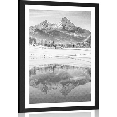 Plakát s paspartou zasněžená krajina v Alpách v černobílém provedení - 40x60 no frame