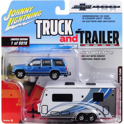 Chevrolet Tahoe modrý 1997 + obytný přívěs Johnny Lightning 1:64