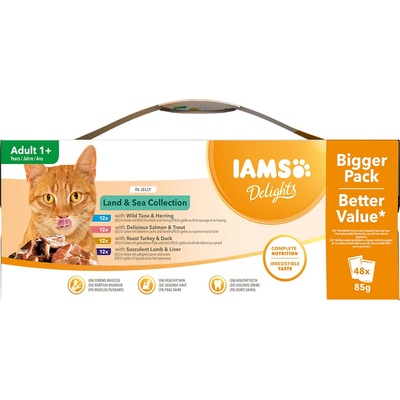 Iams 48x85г Land & Sea Mix IAMS Delights Adult в желе консервирана храна за котки