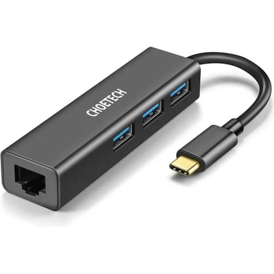 Choetech USB-C Multifunctional 4in1 Hub - USB-C хъб с три USB порта и RJ-45 Gigabit Ethernet порт за мобилни устройства с USB-C (черен)