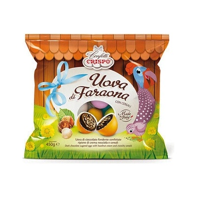 Crispo Uova di Faraona cukrové vajíčka z horkej čokolády s lieskovoorieškovým krémom a chrumkavými cereáliami 12 x 450 g