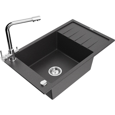 Mexen Elias еднокамерен гранитен мивка с умивалник и кухненски смесител Duero, черен с пръски - 6511-76-671600-00 (6511-76-671600-00)